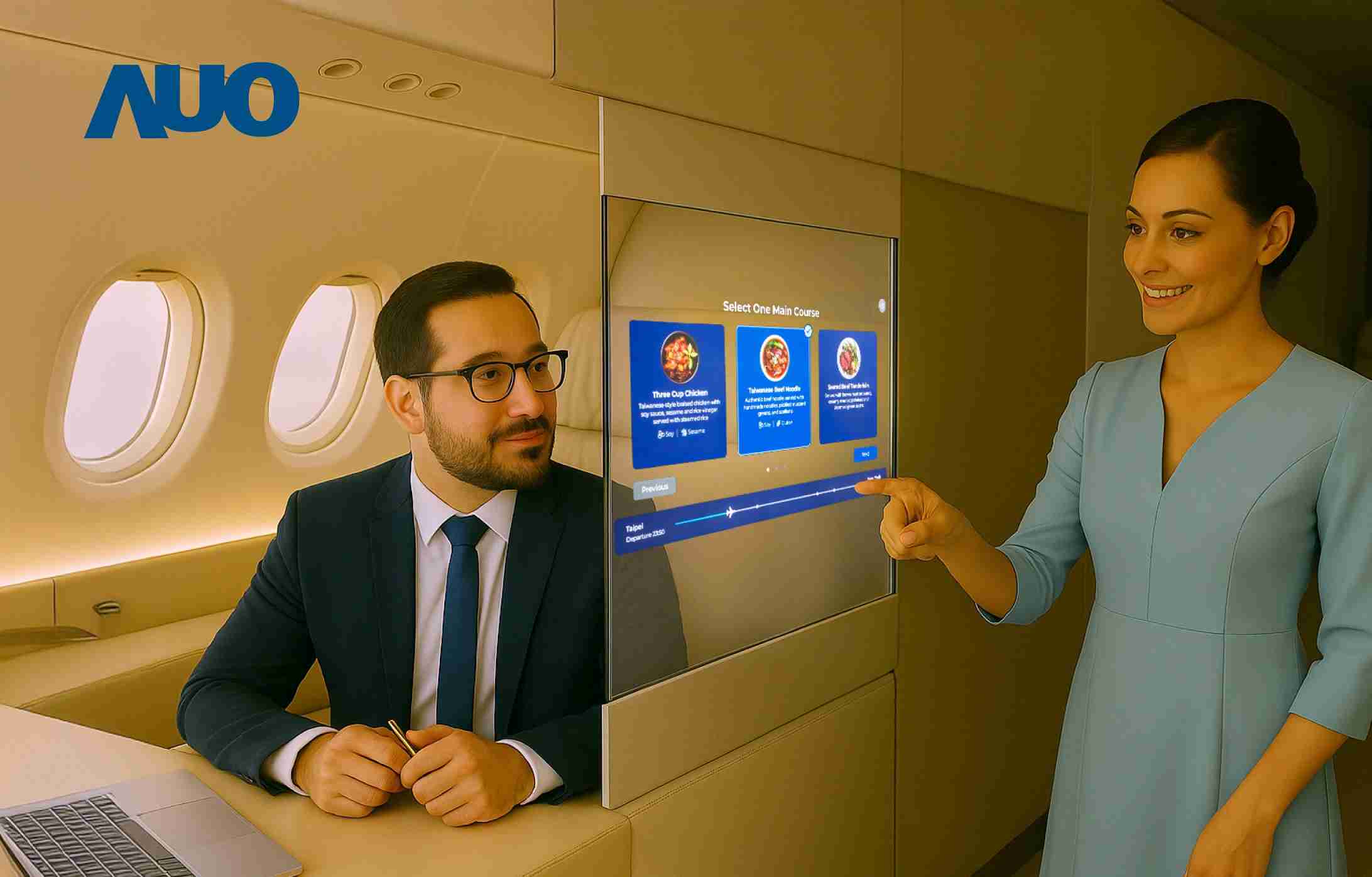 壹号平台研发全球最薄17.3 吋双面透明 Micro LED 显示器，，，，可在同一屏幕之双边投射不同信息，，创造独特的”透明化”互动；图为实时翻译交流应用情境